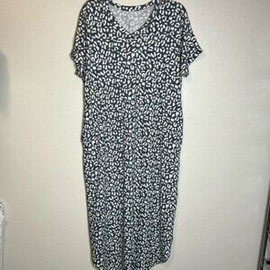 Vtg BOMBOM Maxi Dress V neck USA Lagenlook‎ Lounge Modest Animal Print Pockets L